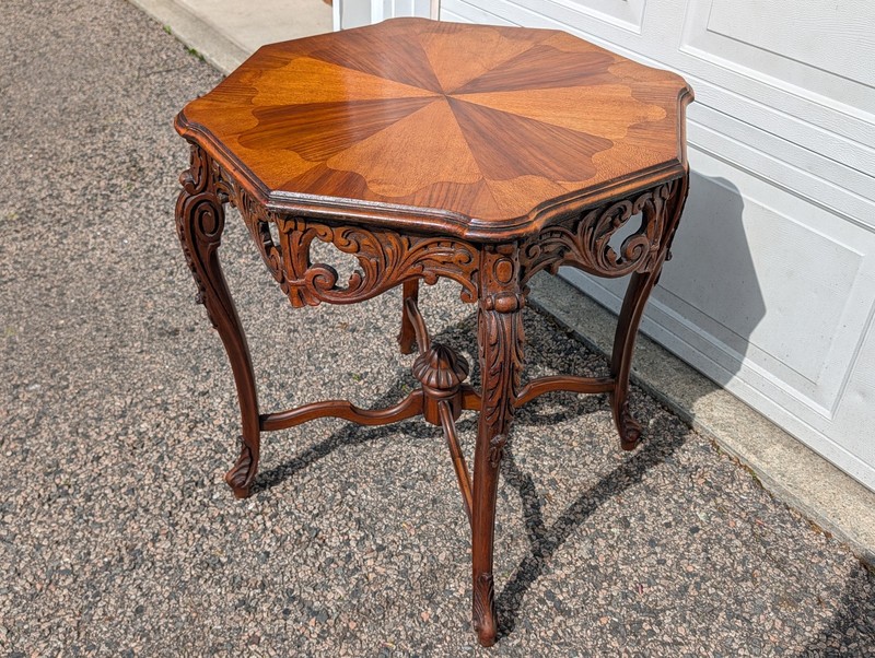 Antique French Louis XV Style Table, Inlaid Top, Carved Sides, 4 Joined Legs