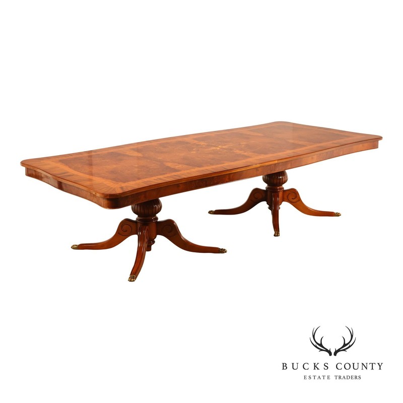 Exceptional Italian Burlwood Inlaid Double Pedestal Extendable Dining Table