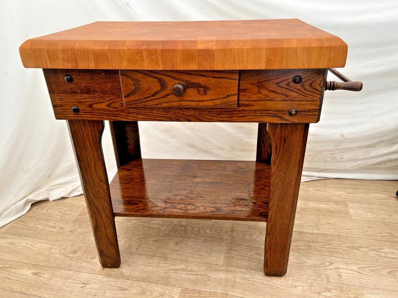 Vintage Butcher Block Carving Table Oak Base with Drawer Shelf End cut Maple top gallery