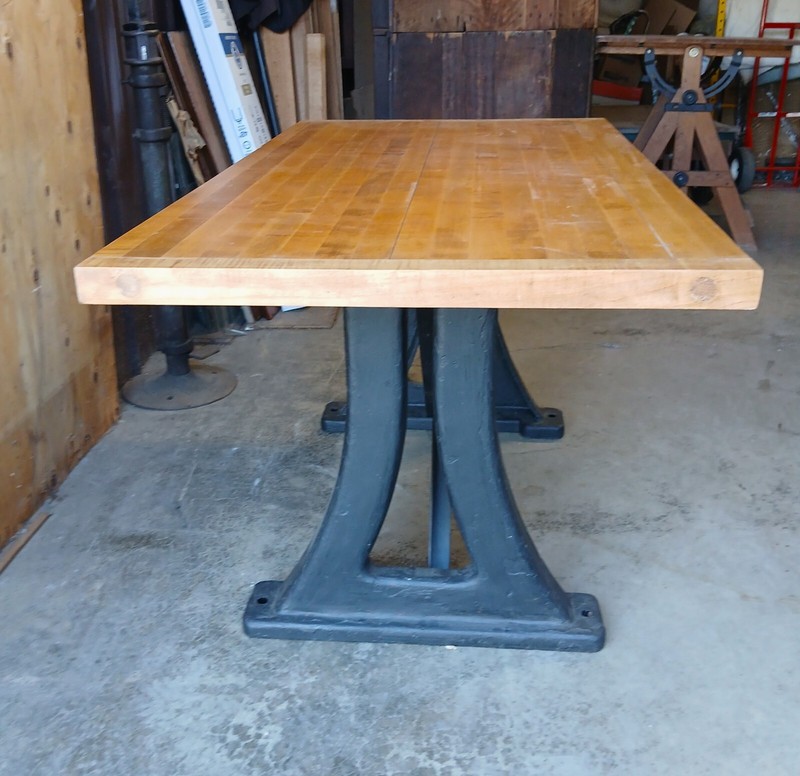 Antique Kitchen Island Work Desk Table Maple Top w Iron Industrial Machine Base gallery