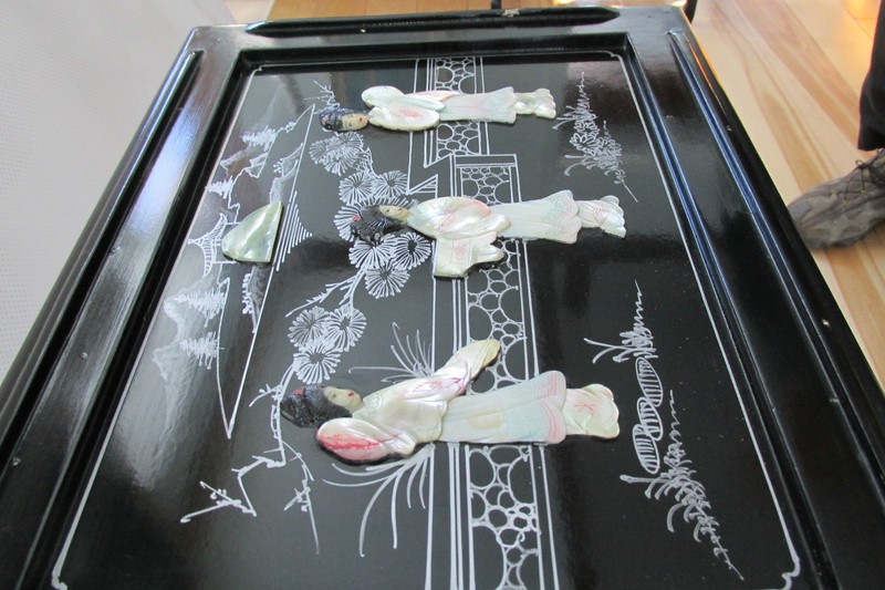 VINTAGE CHINESE NESTING/STACKING TABLES (4) MOTHER OF PEARL JADE STONE CARVINGS gallery