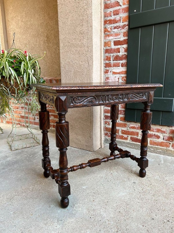 Antique English Carved Oak Hall Sofa Table British Tudor c1900 gallery