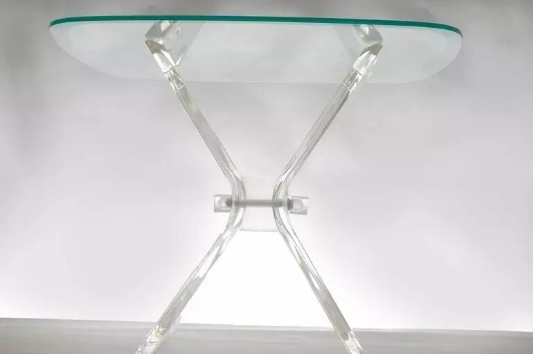 Mid Century Modern Lucite Butterfly Glass Top Side Table after Lion in Frost gallery
