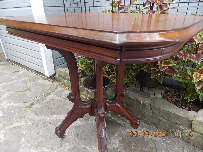 Older Victorian Era Walnut & Mahogany Center Window Lamp Table 30 3/8 X 22 1/4 gallery