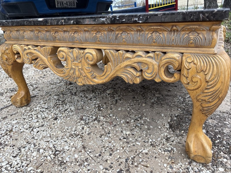Baroque Style Marble Top Coffee Table with Ornate Carved Wood gallery