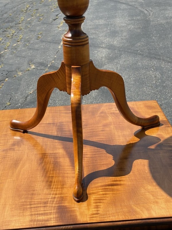 Hand crafted artisan Tiger maple candle stand w dish carved and molded tilt top gallery