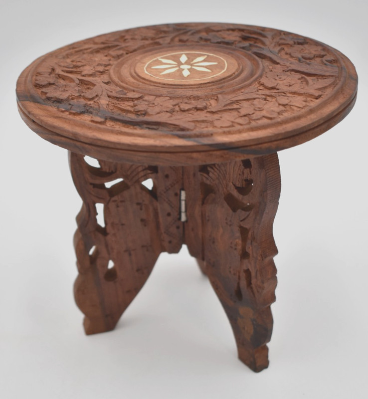 Vtg Miniature Hand Crafted Wood Inlay Folding Table Stand 6″ t x 6 1/4″d India