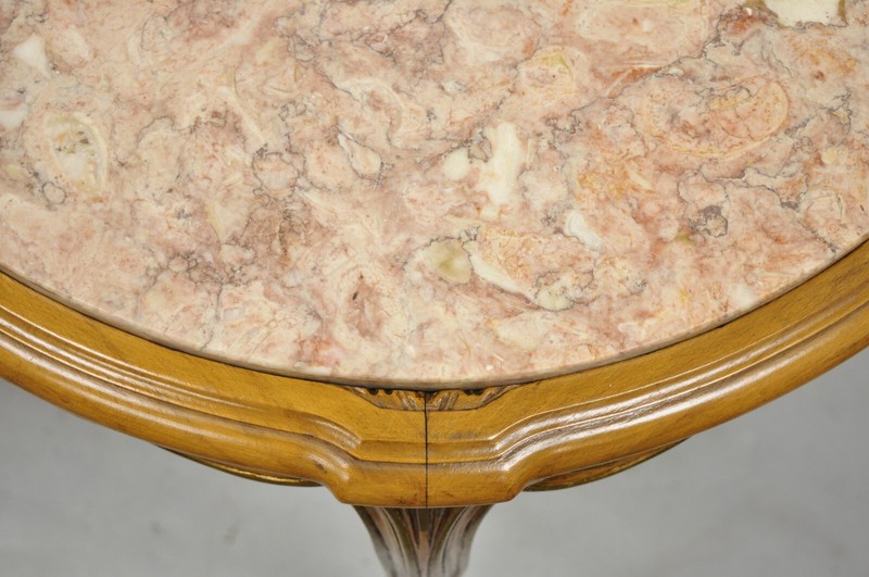 French Provincial Hollywood Regency Round Pink Marble Top Side Tables - a Pair gallery