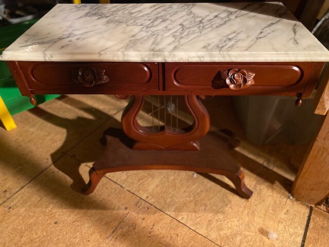 ANTIQUE HAND CARVED MAHOGANY ROSE LYRE HARP ITALIAN MARBLE ACCENT TABLE