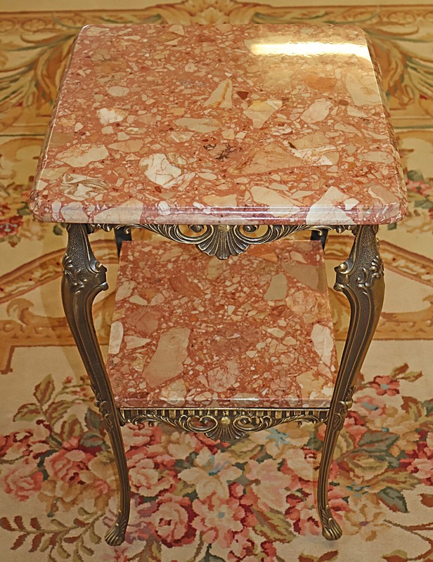​​Italian Square Bronze And Marble Two Tier End Table Pedestal Table gallery