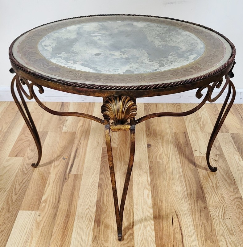 Vintage ITALIAN Mid-Century MODERN GILT Metal & MIRROR Shell ROUND COFFEE TABLE gallery