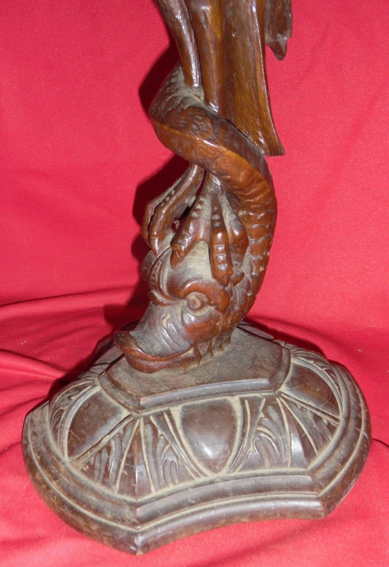 Antique Carved Wood Table / Stand Pedestal Base w/ Pelican Bird & Fish - 25" gallery
