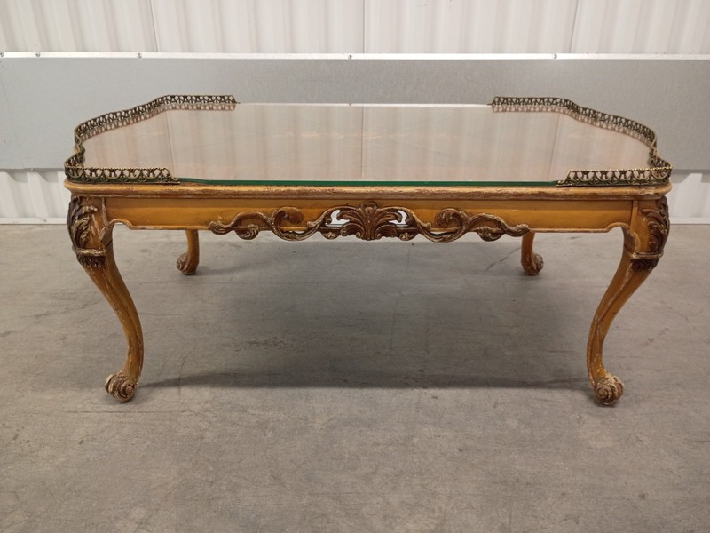 Ornate Hand Carved Wood FRENCH STYLE Inlaid Top Coffee Table with Glass Top gallery