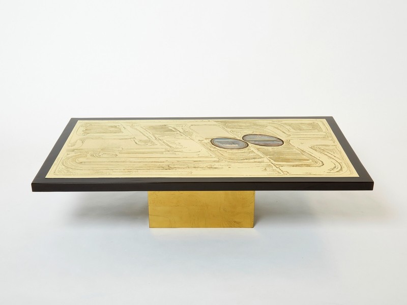 Christian Krekels signed Belgian Etched brass Agate Coffee Table 1979