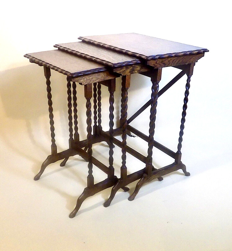 English Antique Oak Barley Twist Nesting Tables. Very Fine. Free Shipping .