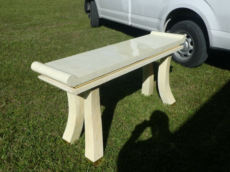 1970'S TESSELLATED BONE MING ALTAR TABLE WITH BRASS FITTINGS gallery
