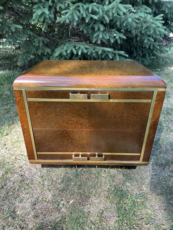 VINTAGE ROMWEBER BURL WOOD & BRASS 2-DRAWER NIGHTSTAND HOLLYWOOD REGENCY STYLE