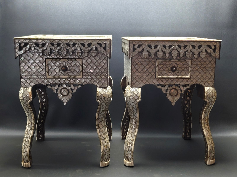 Antique Handmade Syrian Style Bedside Tables w/ Mother of Pearl Inlay