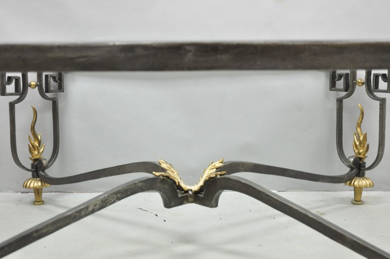 Vintage French Neoclassical Large Wrought Iron & Glass "Flame" Coffee Table gallery