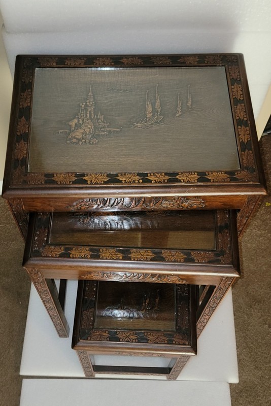 VINTAGE ASIAN HANDCARVED WOODEN S 3 NESTING TABLES 25x20x14 22x17x13 16x11x9 gallery