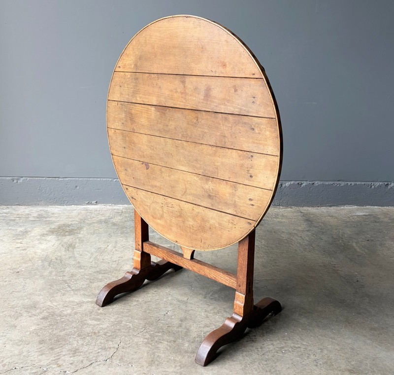 Antique French Solid Oak and Ash Rustic Wood Wine Tasting Table Tilt Top gallery
