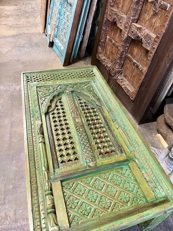 Antique Carved Door Coffee Table – Rustic Green Accent Table | Vintage Table
