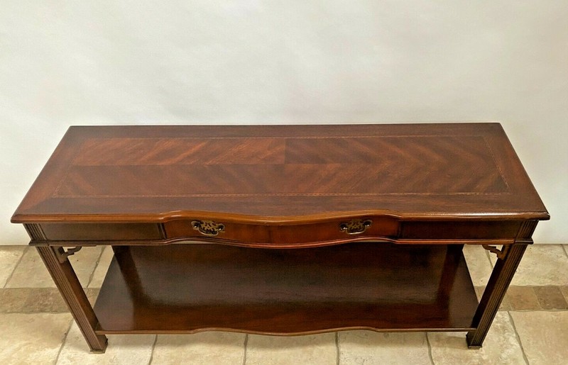 Vintage Bassett Sofa Console Table Drawer Bottom shelf Chinese Chippendale gallery