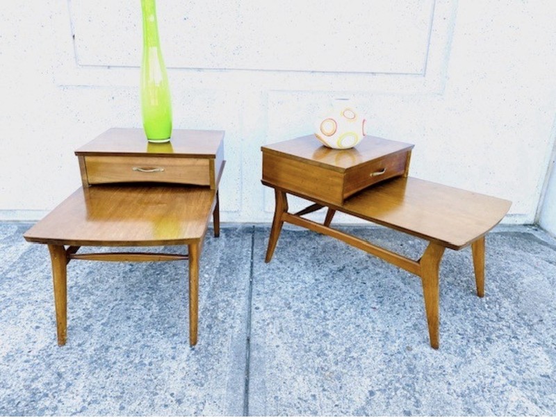 Pair of Mersman Solid Wood Single Drawer 2-tier Step End Tables Model 8170