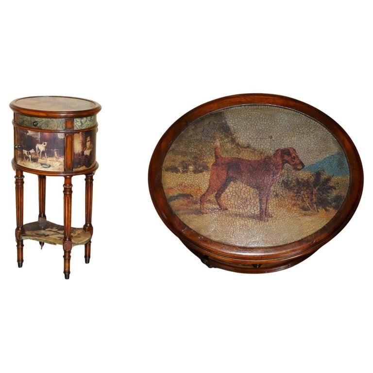 EXQUISITE TWO TIER TALL SIDE TABLE CABINET LEATHER CLADDED & PAINTED WITH DOGS