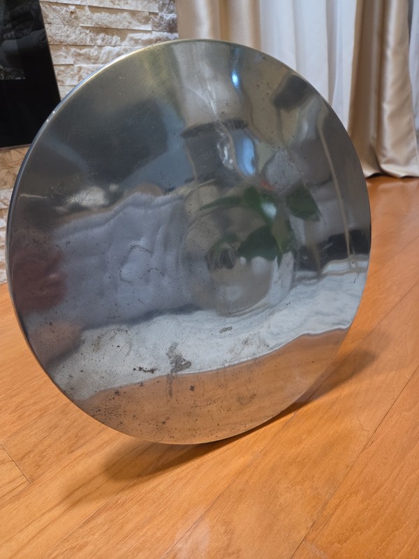 Mid Century Modern Aluminum Silver Metal Round Night Stand Table Wine Table gallery