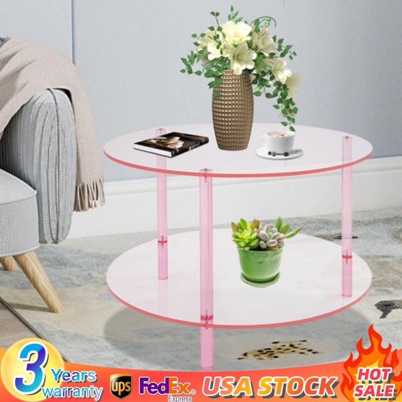 Modern Round Pink Acrylic Coffee Table, Modern Coffee Table, 2-tier Coffee Table