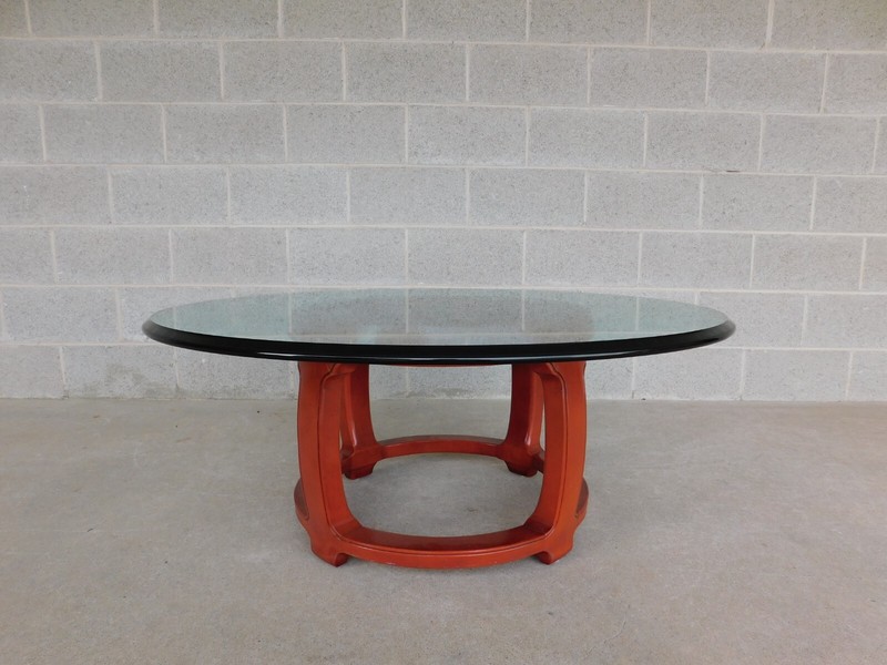 Henredon Pan Asian Collection Lacquered Base Glass Top Cocktail Table 40"w gallery