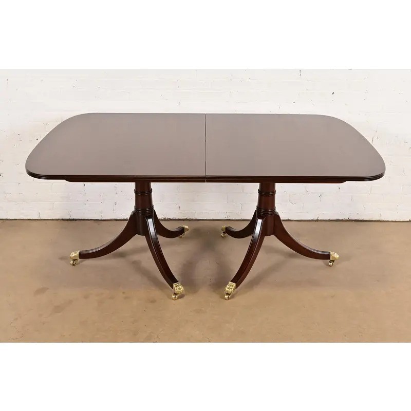 Stickley Georgian Banded Mahogany Double Pedestal Dining Table, Newly Refinished