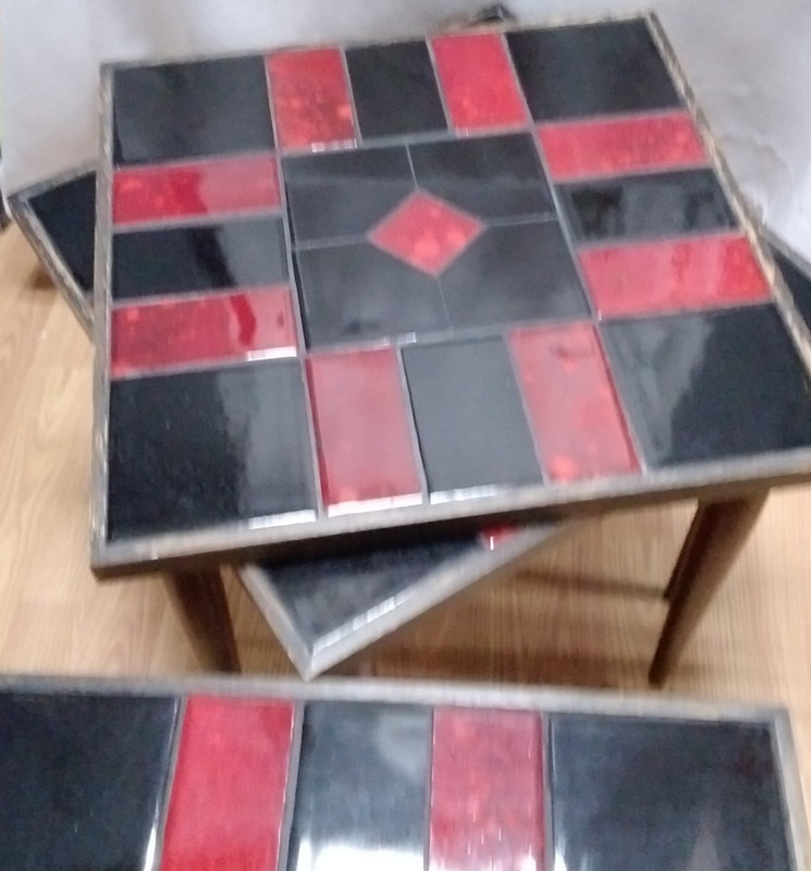 Mid Century MCM Stacking Red & Black Mosaic Tiled Occasional Tables /Walnut Wood gallery