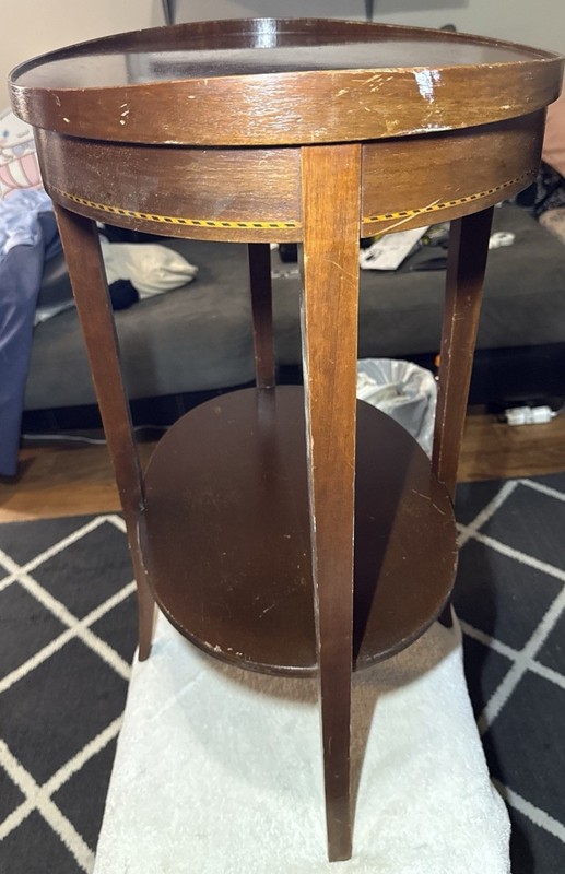 VINTAGE MERSMAN SIDE TABLE WITH STRIPE DESIGN AROUND THE TABLE, 26”X 22.75” X 16 gallery