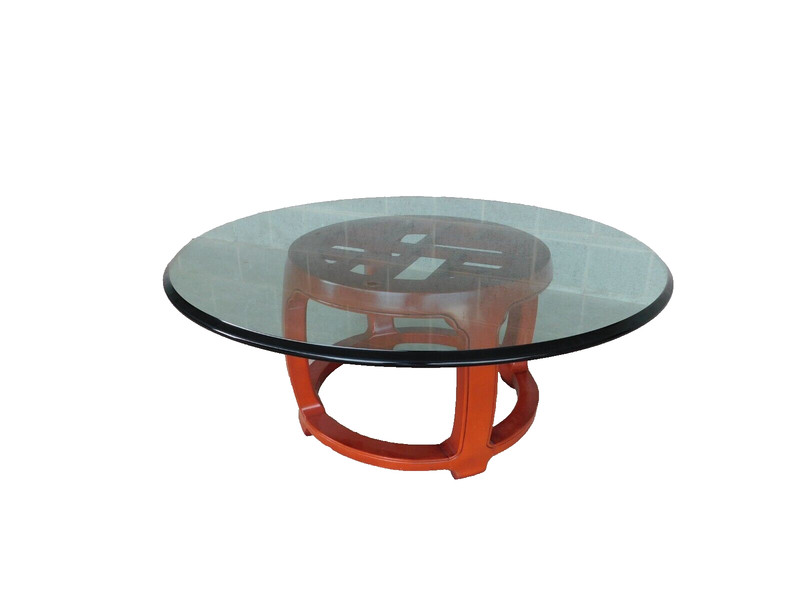 Henredon Pan Asian Collection Lacquered Base Glass Top Cocktail Table 40″w