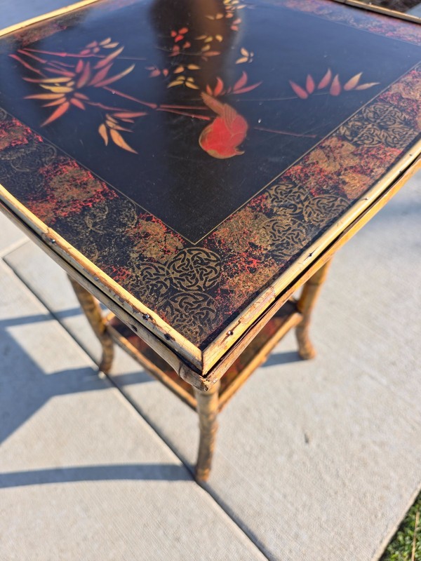 Rare Antique Chinoiserie Bamboo Table | Hand-Painted Lacquer Panels, c.1900 gallery