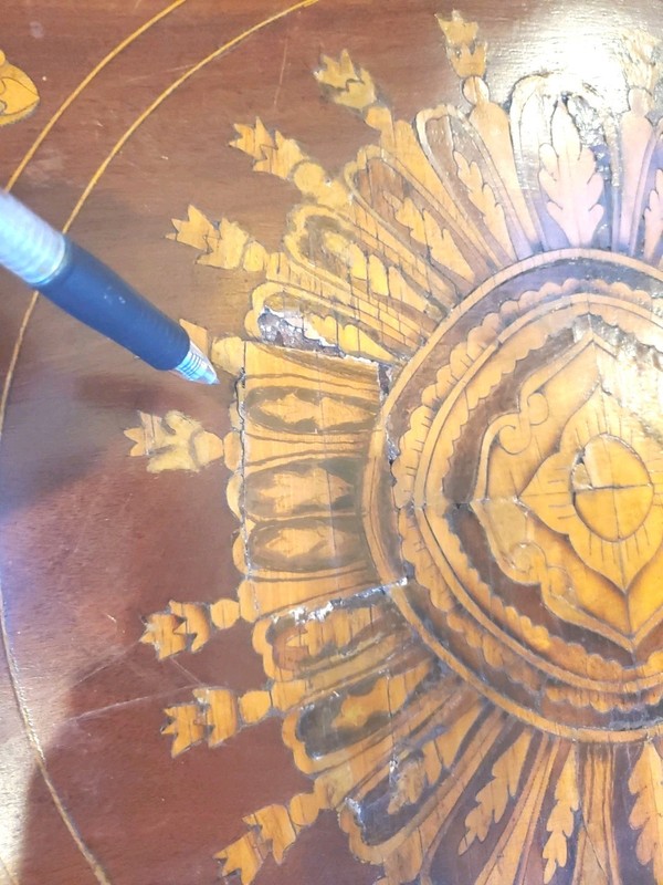 Antique Marquetry Wood Inlaid Floral Dual Drop Leaf Table 29" Tall Single Drawer gallery