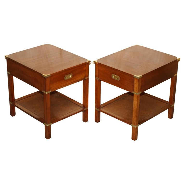PAIR OF FULLY RESTORED HARRODS LONDON MILITARY CAMPAIGN SINGLE DRAWER SIDE TABLE