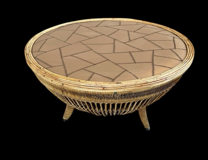 Mid Century Modern 1960s Drum Form Bamboo Leather Top Coffee Cocktail Table Vtg