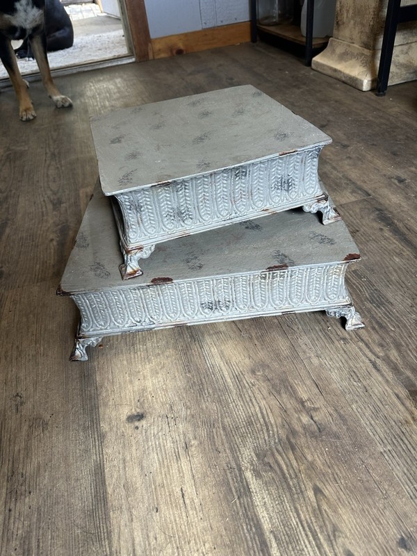 Antique Ornate Metal Gray Square Display Pedestal Set of 2