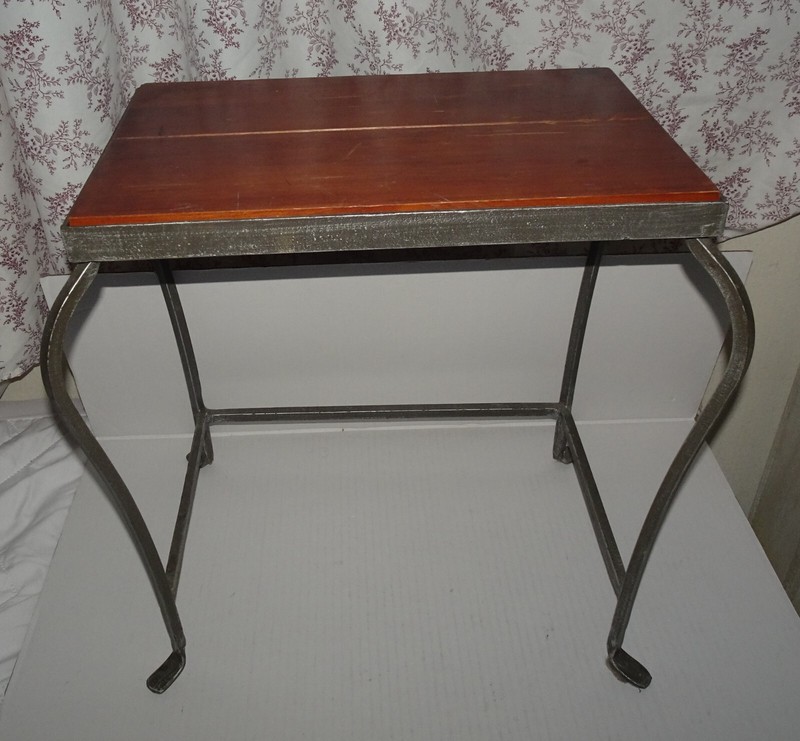 Vintage small side table with a Mahogany top and wrought iron Frame and legs gallery