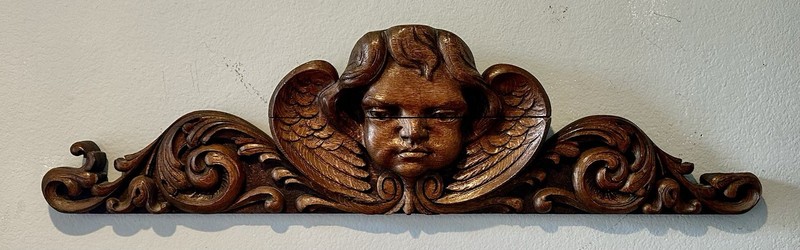 Architectural Salvage Carved Walnut, Cherub, Angel Renaissance Wall Plaque 44”