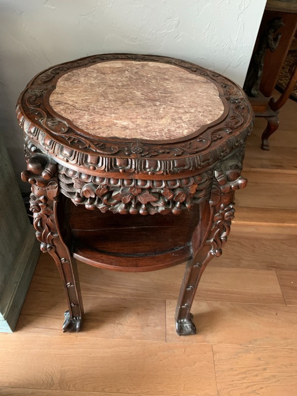 ANTIQUE ROUND TALL CARVED ROSEWOOD RED MARBLE TABLE WITH LOCAL PICK UP ONLY***** gallery