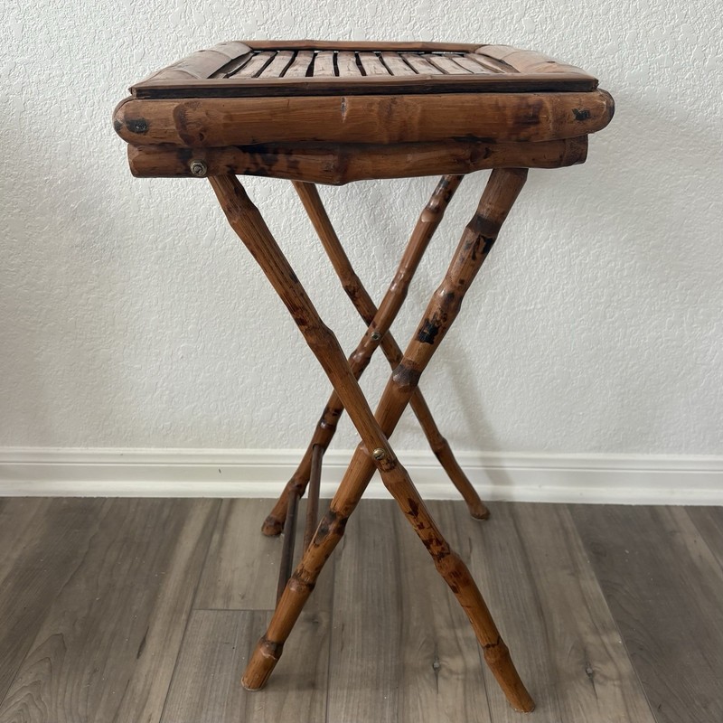 Vintage Tortoise Shell Burnt Bamboo Folding Table: Mid-Century Accent Table gallery