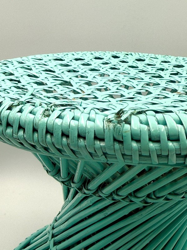 Vtg Turquoise Table Plant Stand Ottoman Stool Cane Rattan Wicker Woven Boho gallery