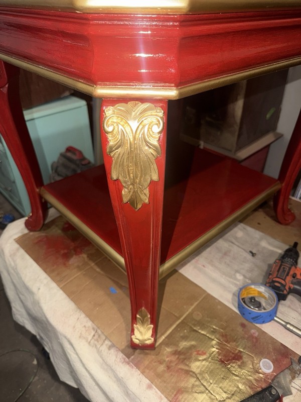 Antique Red and Gold Carved Wood Square Side Table Gloss Finish Traditional gallery