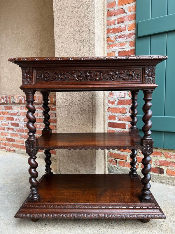 Antique English Server Console Table Jacobean Carved Oak Barley Twist c1900 gallery