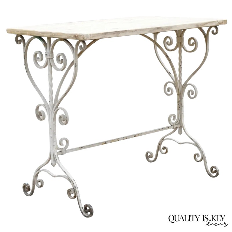 Antique French Art Nouveau Wrought Iron Scroll Wood Top 42" Potting Work Table