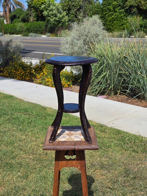 Antique Wood Plant Stand Parlor Table 16″ Small Round Pedestal Slotted Screws